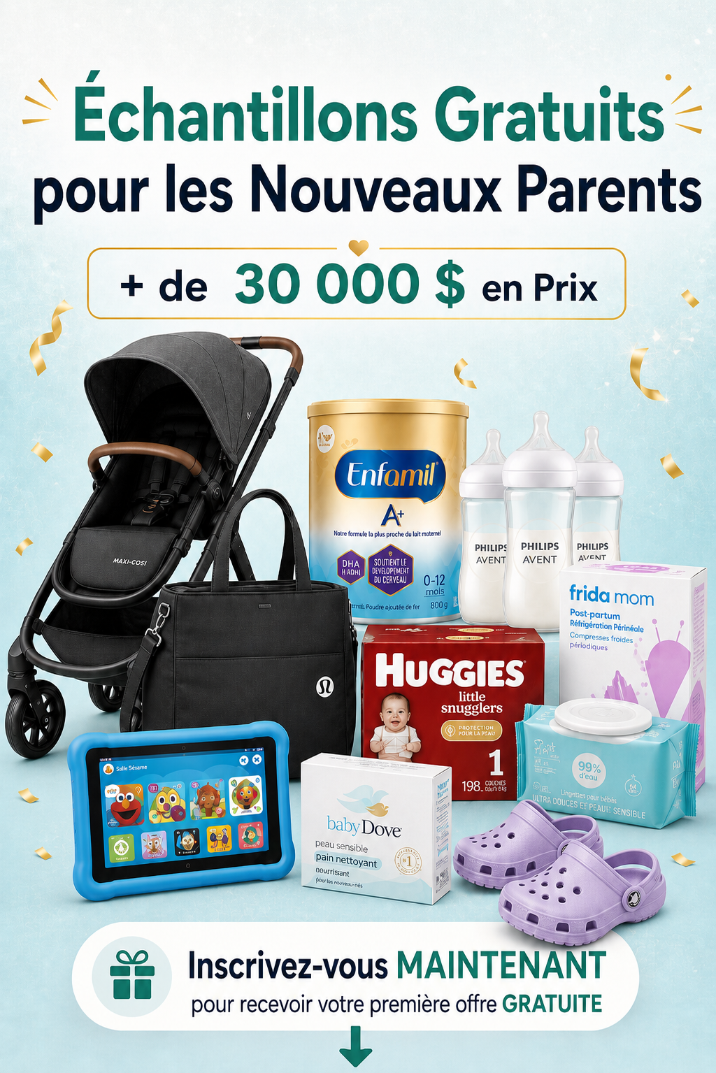 Échantillons gratuits pour les nouveaux parents — plus de 30 000 $ en prix