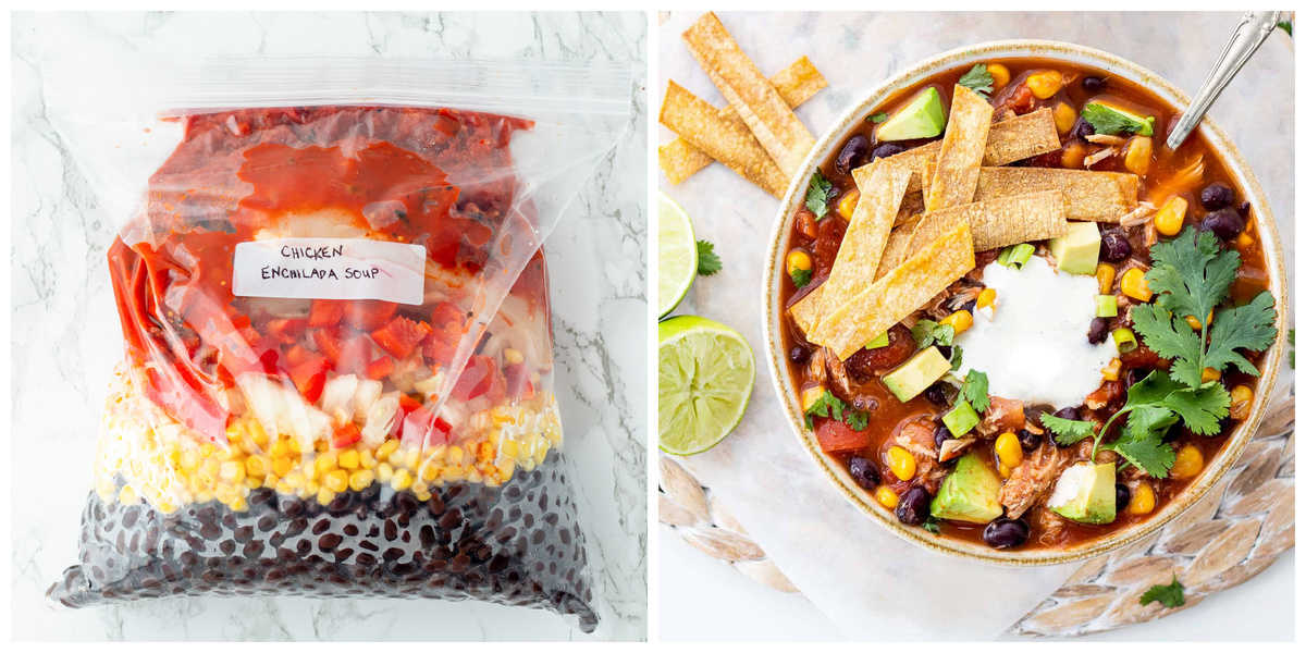 Easy crockpot freezer casserole for postpartum nutrition Crockpot freezer meal chicken tortilla casserole prepared for new moms